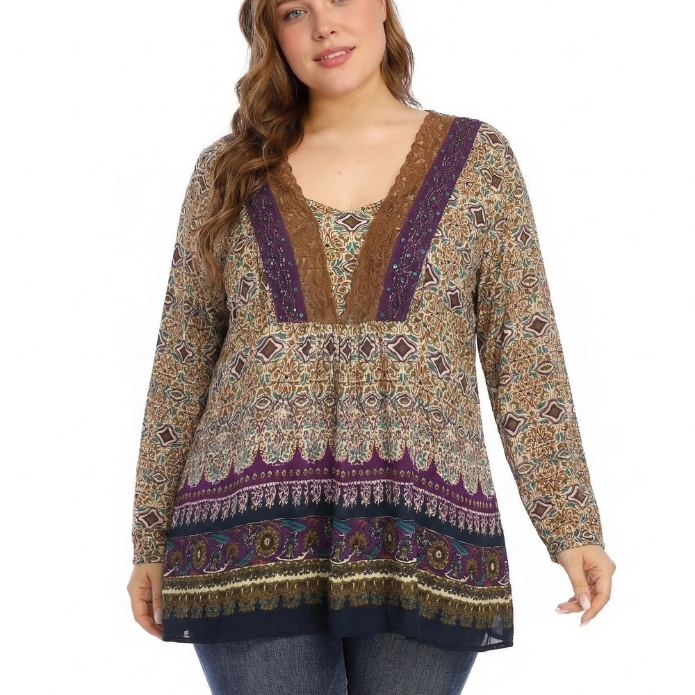Dressbarn Tunic Top Women XL Multicolor Excellent Paisley Lace Sequin Boho Boho - Picture 1 of 13